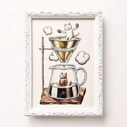 2L 猫とコーヒー アートプリント/イラスト複製画 イラスト