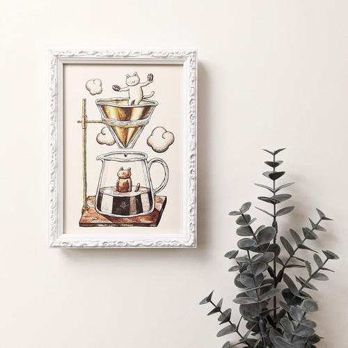 2L 猫とコーヒー アートプリント/イラスト複製画 イラスト