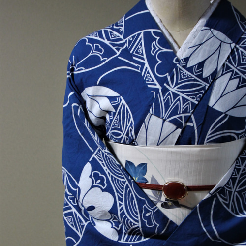 未使用　綿紬　本染浴衣　型染め　浴衣 着物　夏物　159㎝　 青　グレー 美品 綿紬 変わり織 浴衣 着物 夏物 152㎝ 本染浴衣 青 紺