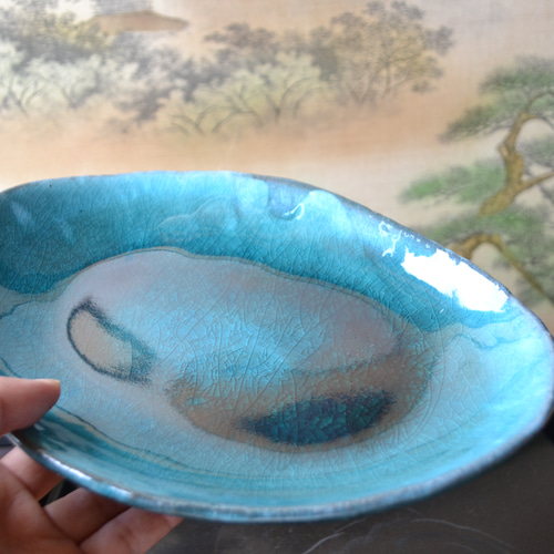 再入荷！】カレー皿（ターコイズ） パスタ皿 ＊中皿 ☆萩焼 陶器