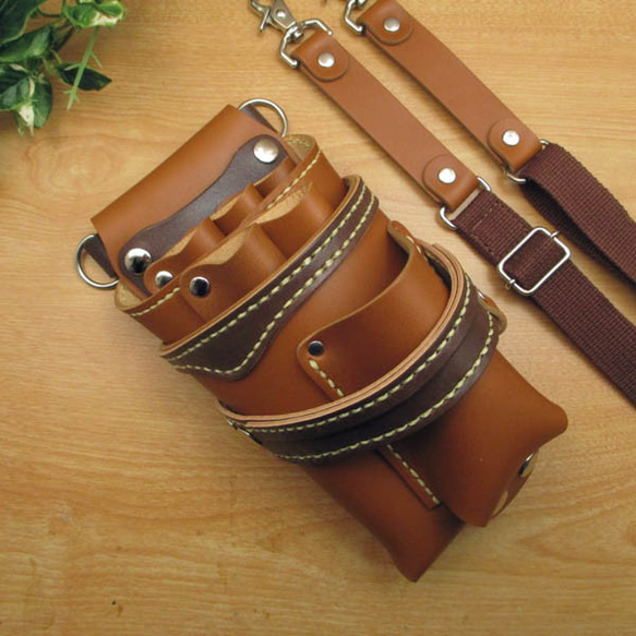 キャメル＆焦げ茶6丁革ベルト付き本革シザーケースSCL-154/CCA