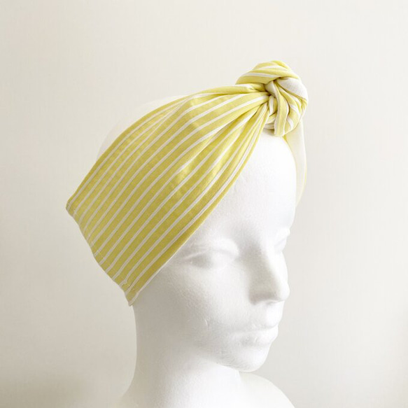 ♡也可用作頭巾的夏季圍巾♡多種使用方法♪棉質材料條紋圖案頸部涼爽髮帶黃色x白色 第17張的照片
