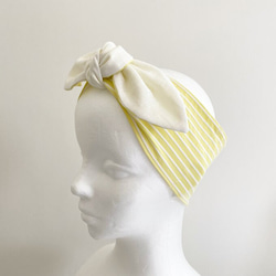 ♡也可用作頭巾的夏季圍巾♡多種使用方法♪棉質材料條紋圖案頸部涼爽髮帶黃色x白色 第13張的照片