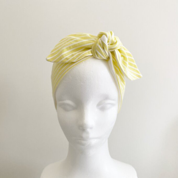 ♡也可用作頭巾的夏季圍巾♡多種使用方法♪棉質材料條紋圖案頸部涼爽髮帶黃色x白色 第9張的照片
