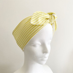 ♡也可用作頭巾的夏季圍巾♡多種使用方法♪棉質材料條紋圖案頸部涼爽髮帶黃色x白色 第11張的照片