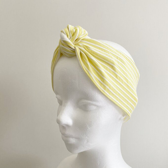 ♡也可用作頭巾的夏季圍巾♡多種使用方法♪棉質材料條紋圖案頸部涼爽髮帶黃色x白色 第15張的照片