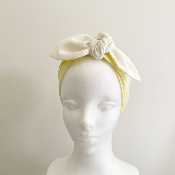♡也可用作頭巾的夏季圍巾♡多種使用方法♪棉質材料條紋圖案頸部涼爽髮帶黃色x白色 第12張的照片
