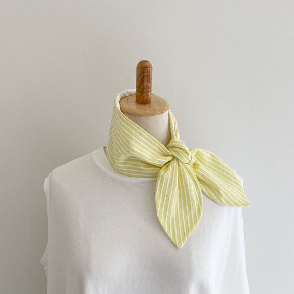 ♡也可用作頭巾的夏季圍巾♡多種使用方法♪棉質材料條紋圖案頸部涼爽髮帶黃色x白色 第8張的照片