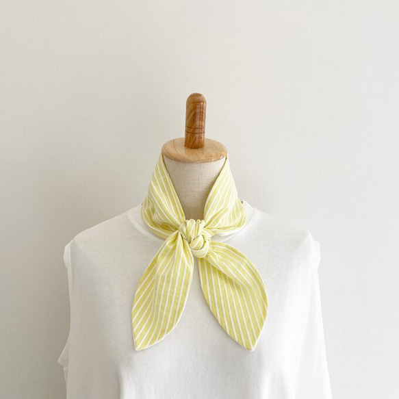 ♡也可用作頭巾的夏季圍巾♡多種使用方法♪棉質材料條紋圖案頸部涼爽髮帶黃色x白色 第1張的照片