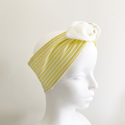 ♡也可用作頭巾的夏季圍巾♡多種使用方法♪棉質材料條紋圖案頸部涼爽髮帶黃色x白色 第14張的照片