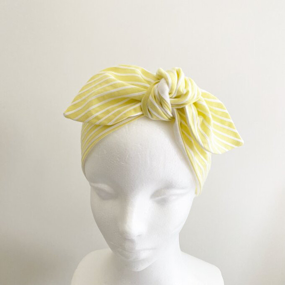 ♡也可用作頭巾的夏季圍巾♡多種使用方法♪棉質材料條紋圖案頸部涼爽髮帶黃色x白色 第2張的照片