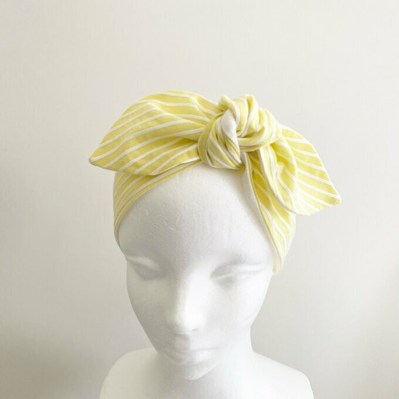 ♡ 也可以當頭巾的夏日圍巾♡ 多種使用方法 ♪ 棉質材質 條紋護頸 髮帶 黃色 x 白色 第2張的照片