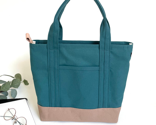 肩掛け&2way＊帆布トートバック Mサイズ シアンブルー×シナモン トート