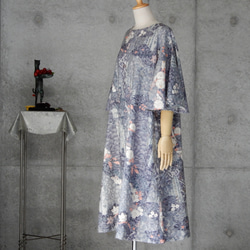 着物リメイク    辻が花　紬のフレアー袖ワンピース/ フリーサイズ  kimono 4枚目の画像