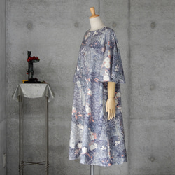 着物リメイク 辻が花 紬のフレアー袖ワンピース/ フリーサイズ kimono