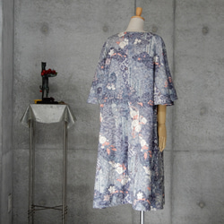 着物リメイク    辻が花　紬のフレアー袖ワンピース/ フリーサイズ  kimono 6枚目の画像