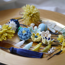 再販　成人式　髪飾り　卒業式　袴　イエロー　青 グリーン　つまみ細工　造花　タッセル　黄色　青　ドライフラワー風 5枚目の画像