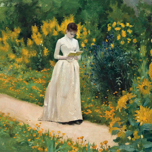 NO.406】向日葵の庭園で読書する女性絵画アートポスター NO.406】向日葵の庭園で読書する女性絵画アートポスター