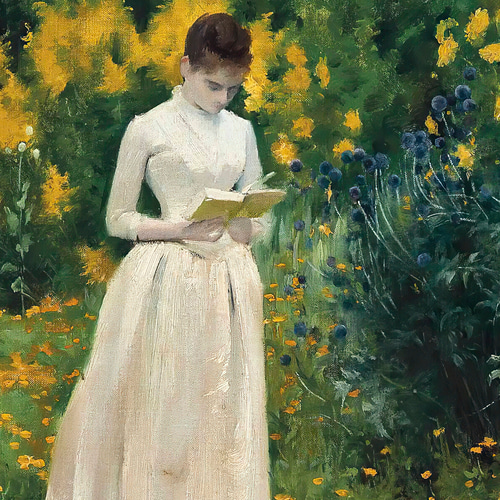 NO.406】向日葵の庭園で読書する女性絵画アートポスター NO.406】向日葵の庭園で読書する女性絵画アートポスター