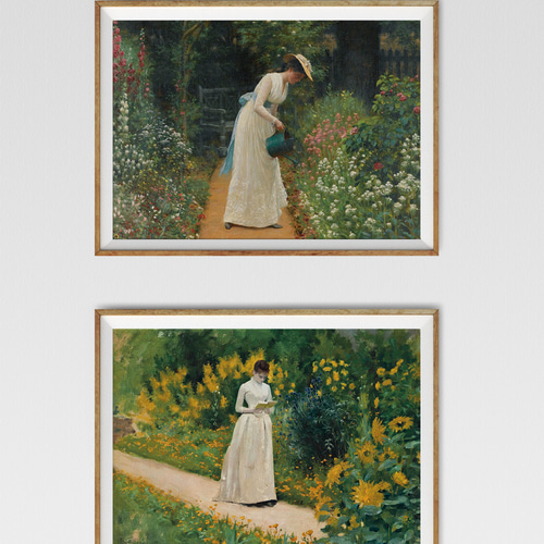 NO.406】向日葵の庭園で読書する女性絵画アートポスター