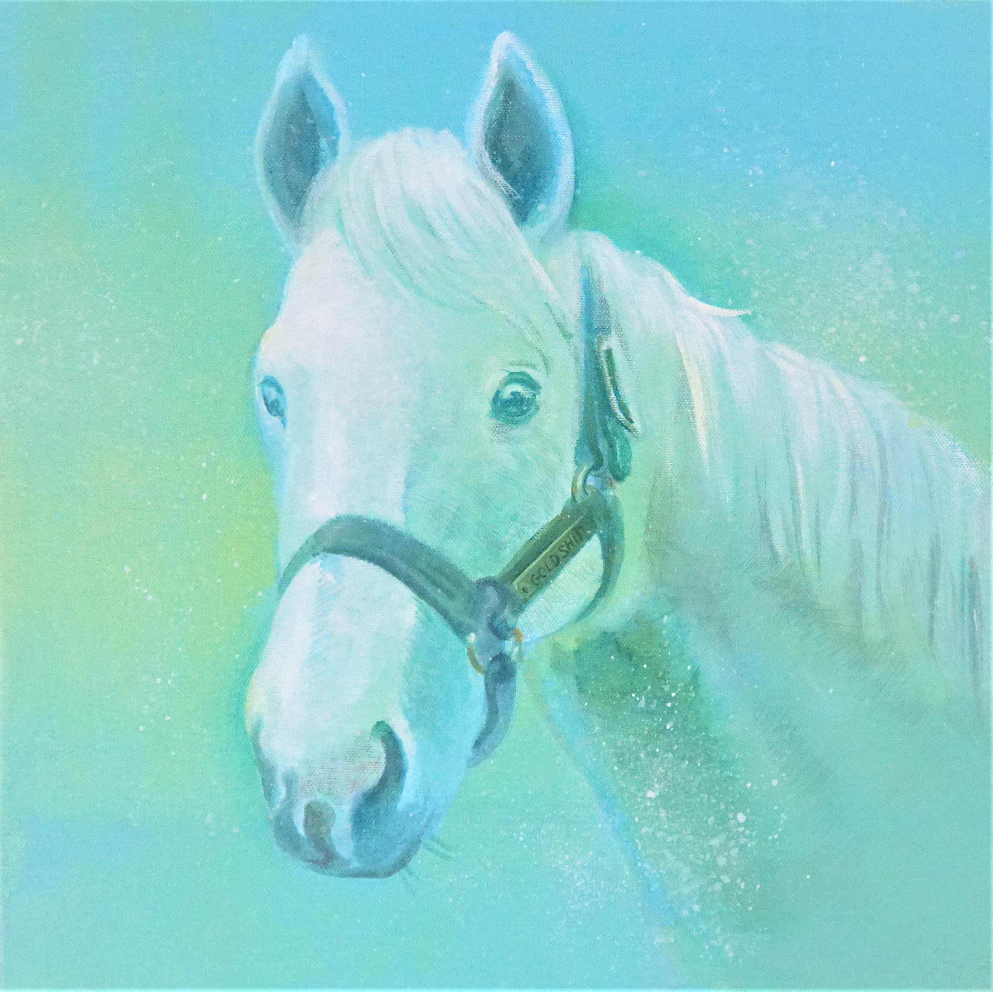 オーダーメイド油彩原画*優しい油絵 ペット 動物 青 水色 淡い 空 グラデーション 癒し