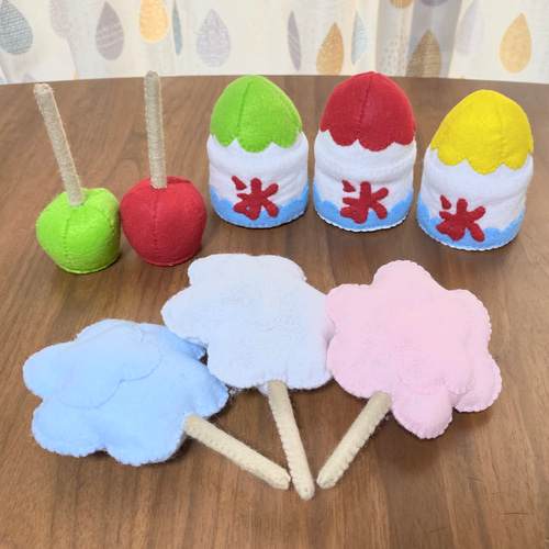 フェルトままごと 夏祭りセット かき氷、リンゴ飴、綿菓子 おもちゃ
