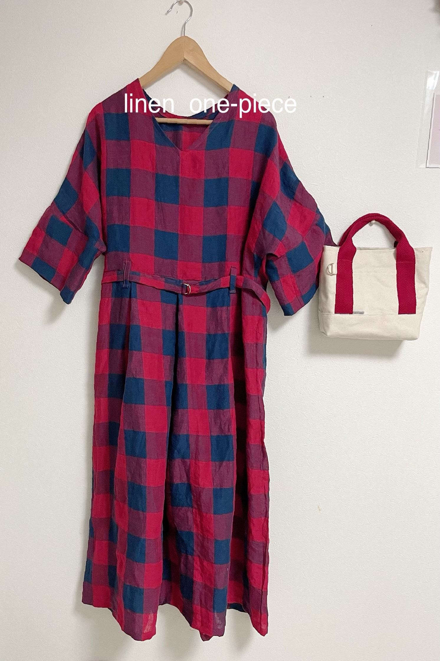 ＜リネン100%ワンピース＞ダブルスリーブ　タック　　レッド✖️ブロックチェック