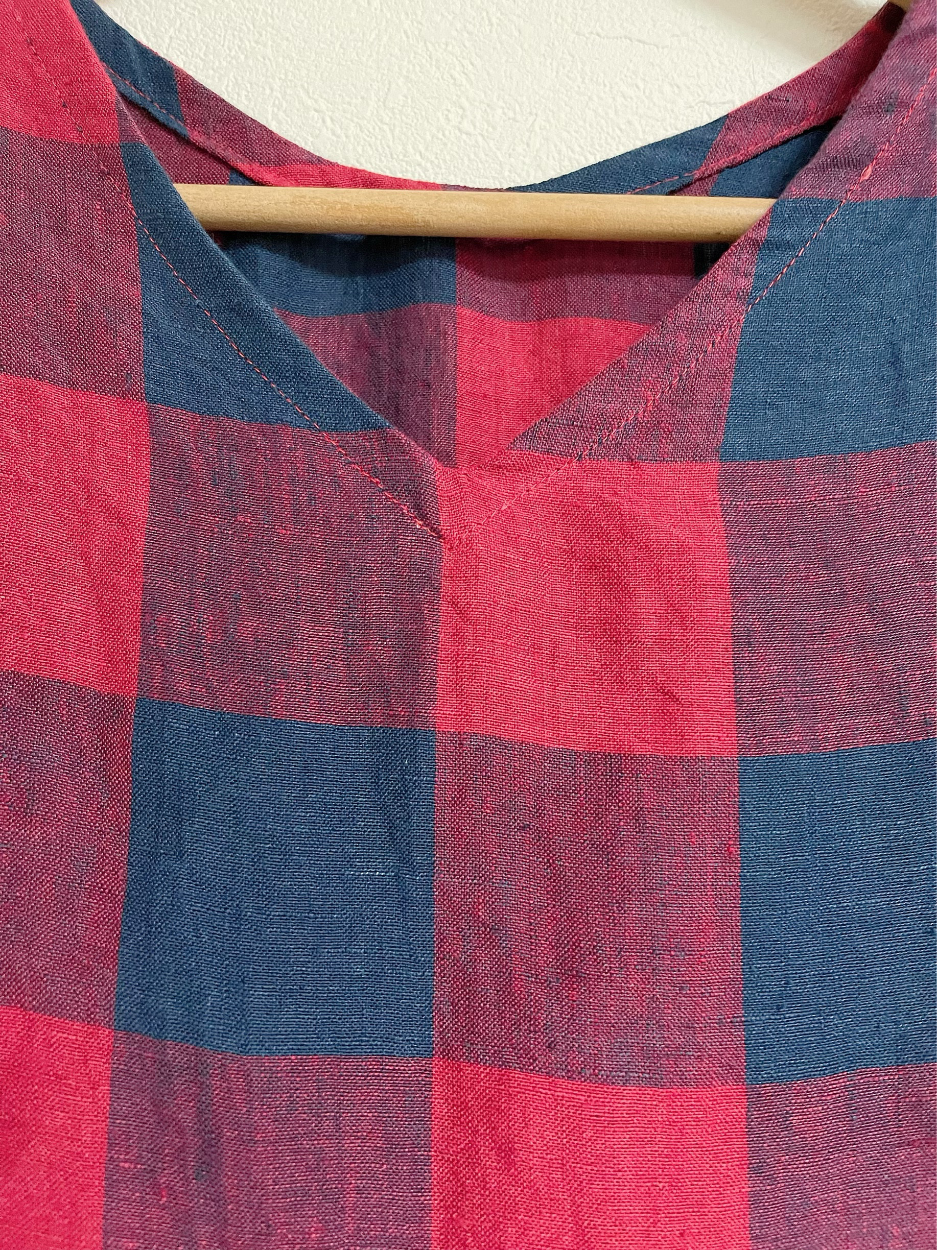 ＜リネン100%ワンピース＞ダブルスリーブ　タック　　レッド✖️ブロックチェック