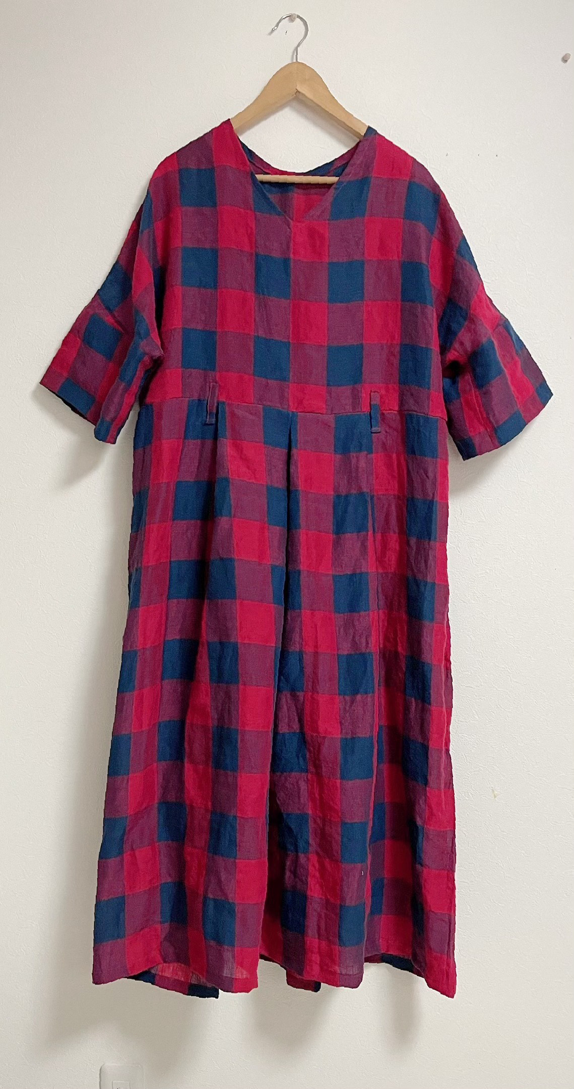 ＜リネン100%ワンピース＞ダブルスリーブ　タック　　レッド✖️ブロックチェック