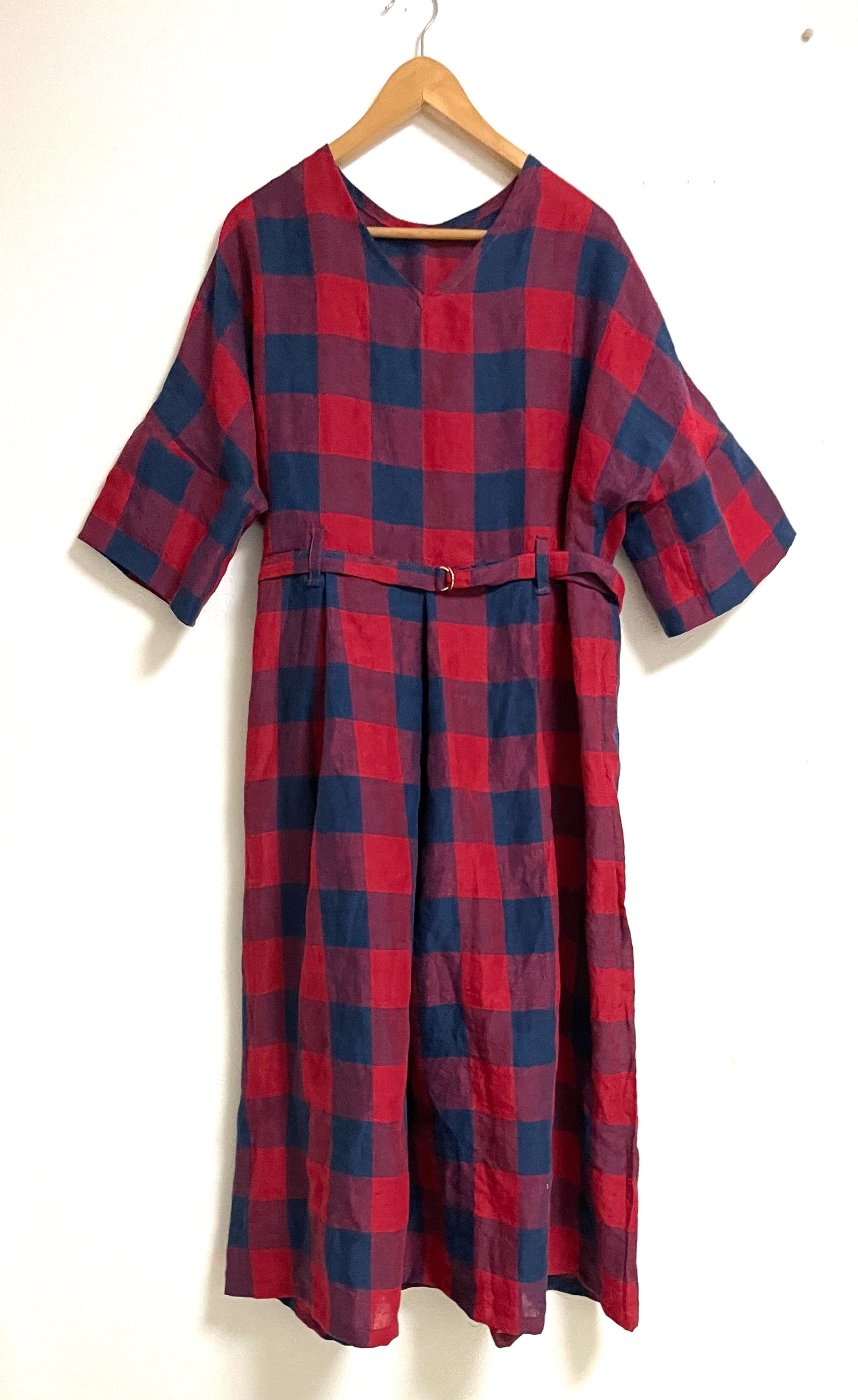 ＜リネン100%ワンピース＞ダブルスリーブ　タック　　レッド✖️ブロックチェック