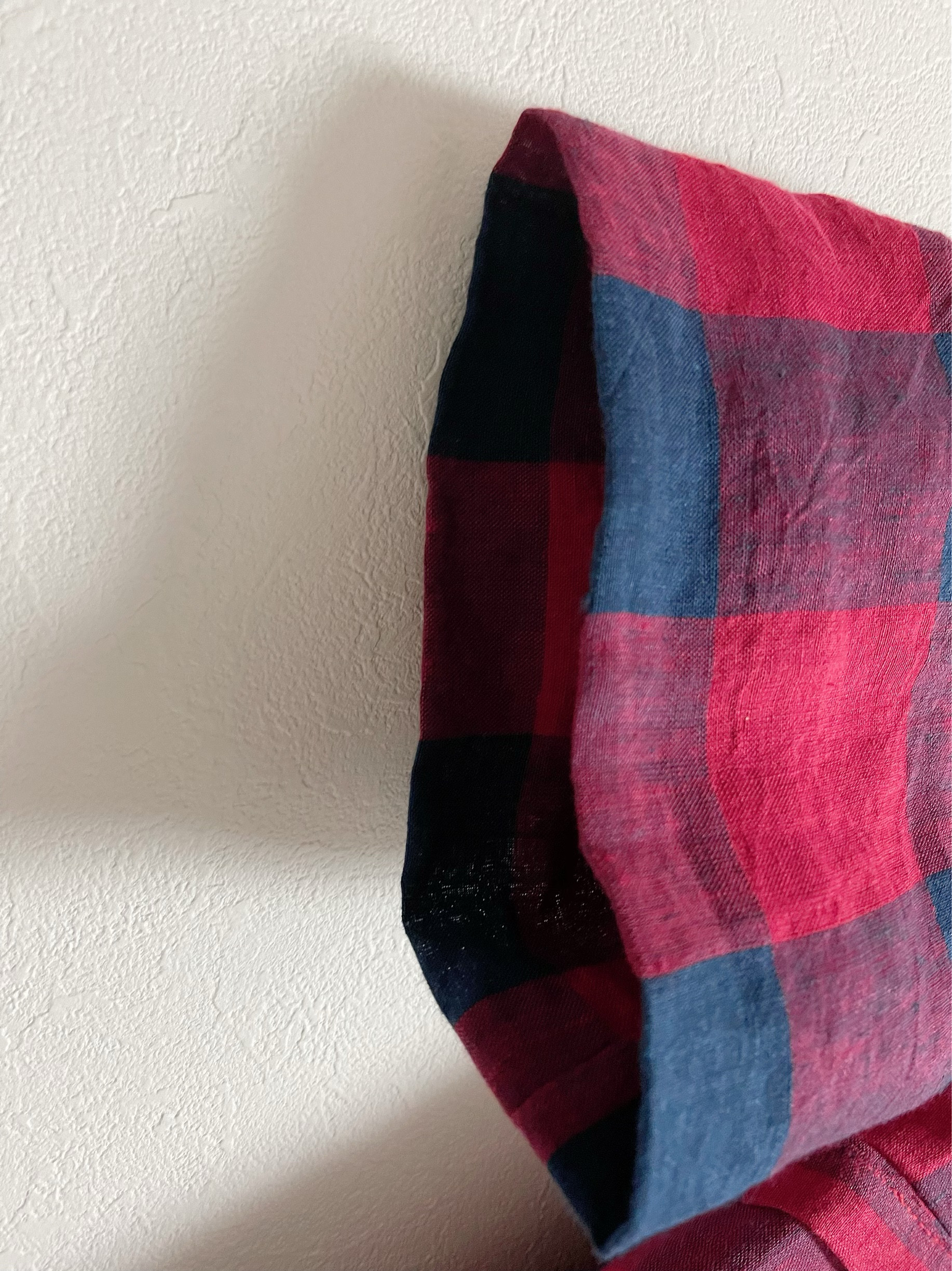 ＜リネン100%ワンピース＞ダブルスリーブ　タック　　レッド✖️ブロックチェック