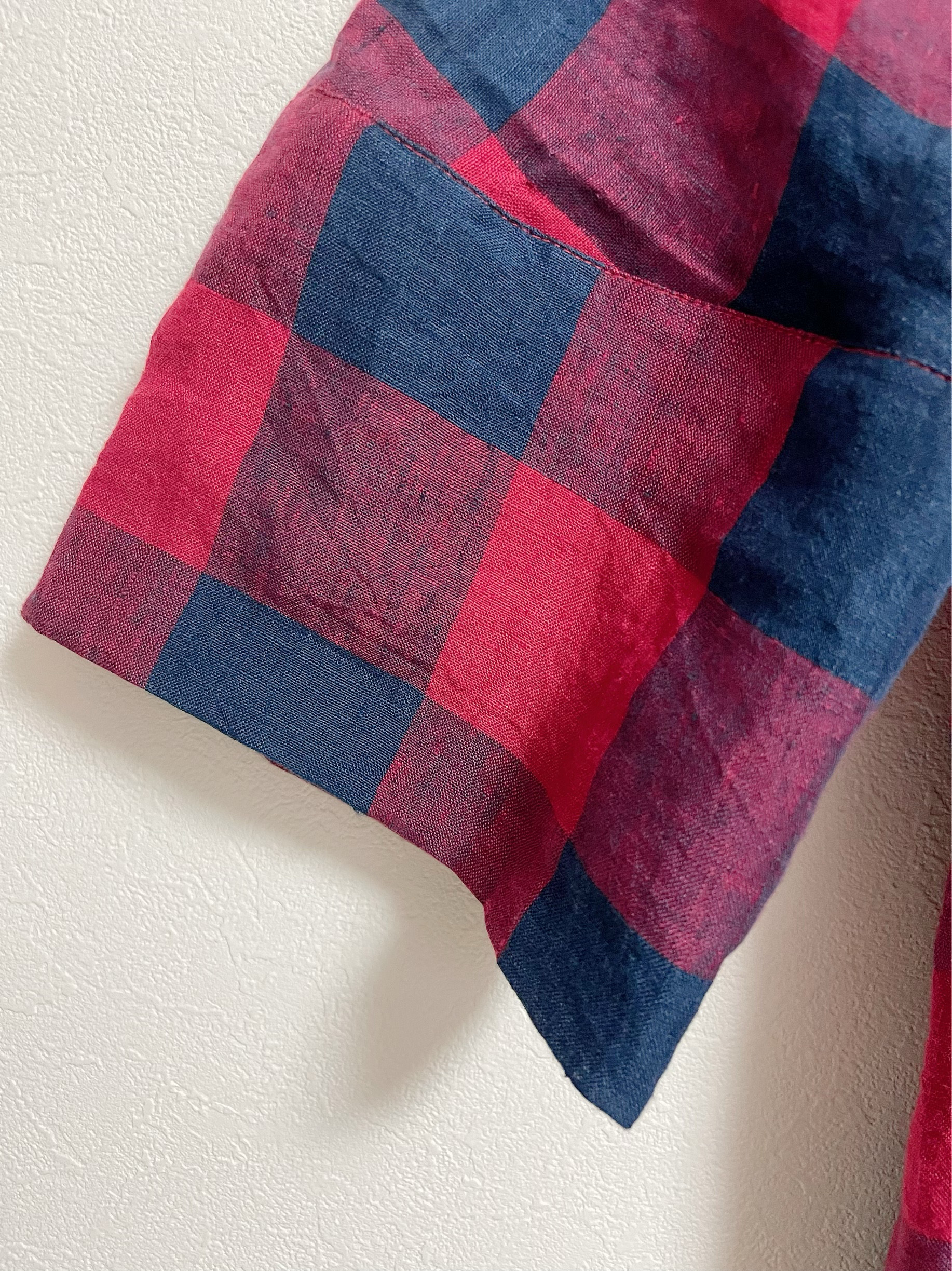 ＜リネン100%ワンピース＞ダブルスリーブ　タック　　レッド✖️ブロックチェック