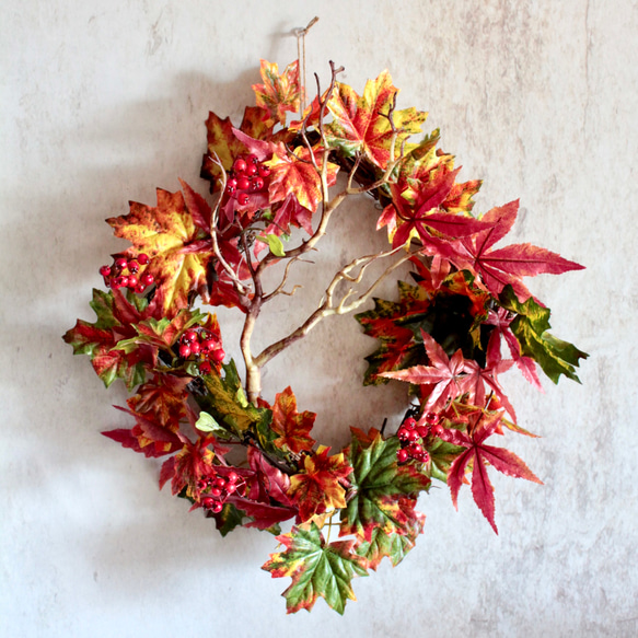 【オータムリース】秋の落ち葉のスクエアリース 2枚目の画像