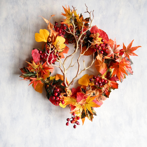 リニューアル✨】紅葉とベリーの落ち葉のリース 造花 スクエアフラワー