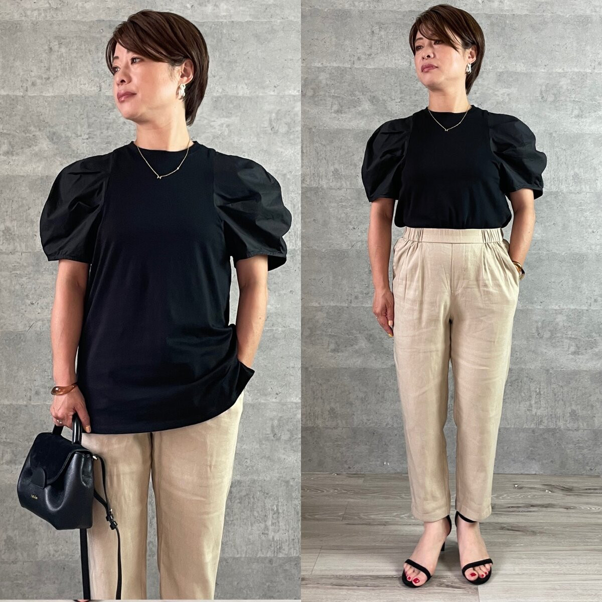 【小柄S】■大人可愛いポワン袖 コットン100％ 異素材コンビ ロングTシャツ：黒 KMC-601 999117