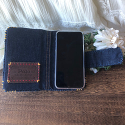 ビンテージデニムのリメイク・手帳型スマホケース ／ビーズ刺繍・ジェイド／一点物・オンリーワン・メンズライク／ターコイズ 8枚目の画像