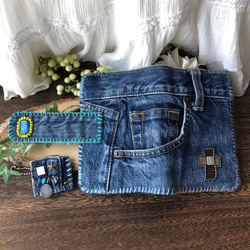 ビンテージデニムのリメイク・手帳型スマホケース ／ビーズ刺繍・ジェイド／一点物・オンリーワン・メンズライク／ターコイズ 5枚目の画像