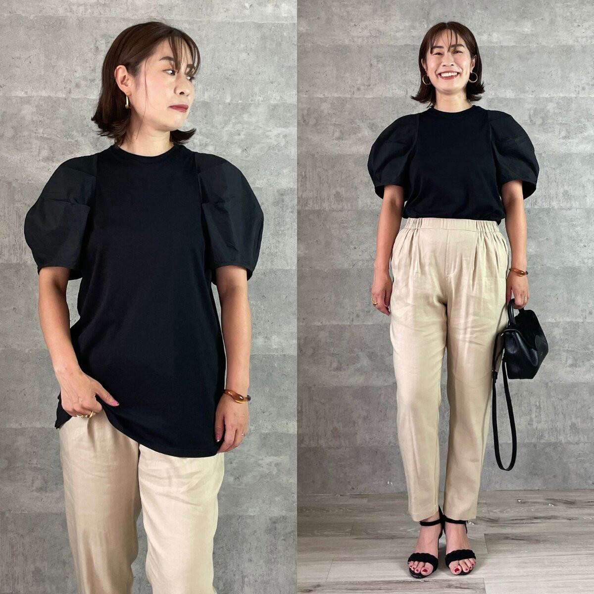 ■大人可愛いポワン袖 コットン100％ 異素材コンビTシャツ【F】黒 KMC-601 570552