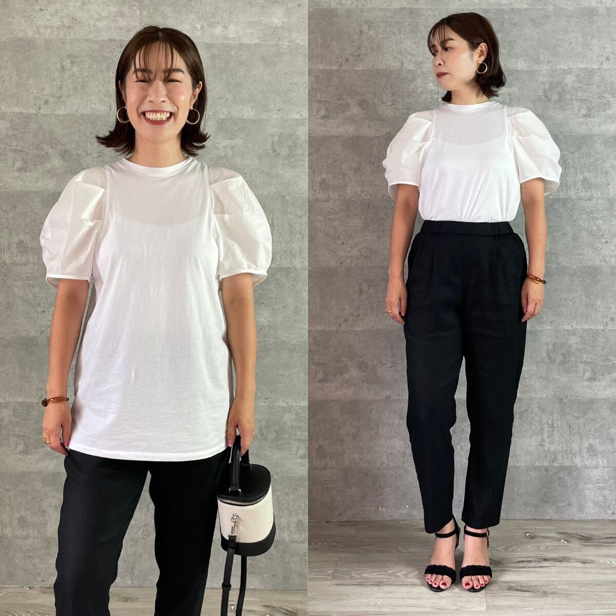 大人可愛いポワン袖 コットン100％ 異素材コンビ ロングTシャツ M~LL【FREE】白 KMC-601 485235