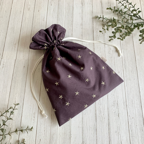 大人可愛い＊星*刺繍 フリル 巾着 マルチポーチ コップ袋 入園入学 