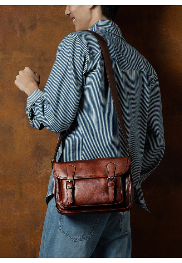 レトロ本革植物タンニン鞣しメッセンジャーバッグ 手作りの色男性用牛革ショルダーバッグ 16枚目の画像