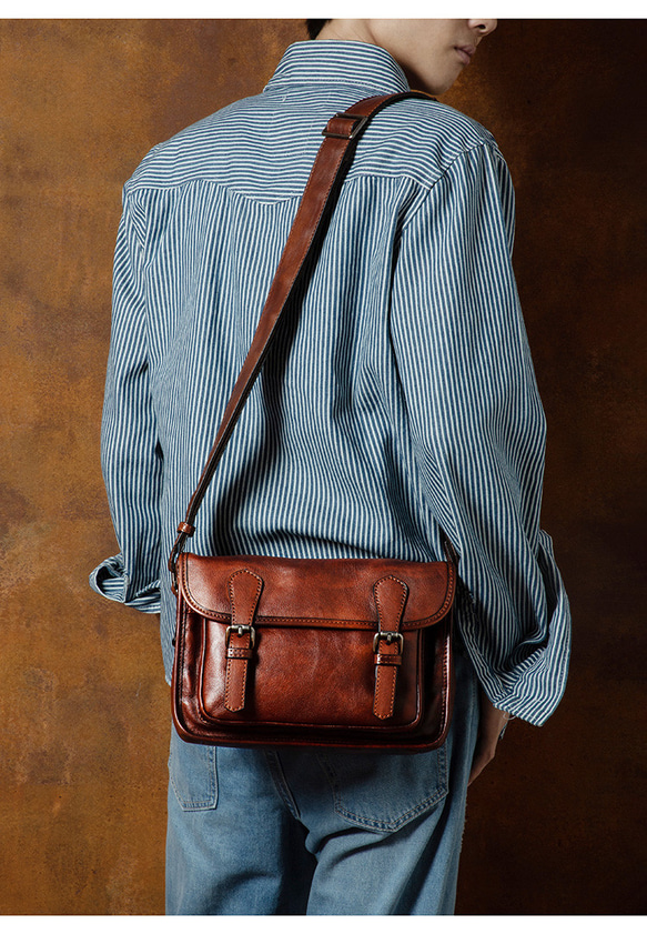 レトロ本革植物タンニン鞣しメッセンジャーバッグ 手作りの色男性用牛革ショルダーバッグ 15枚目の画像