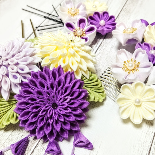 つまみ細工の髪飾り 8点セット【紫・クリーム色】 かんざし Mulan