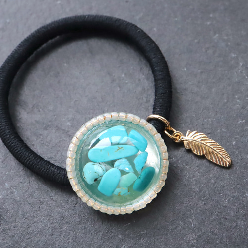 ターコイズ レジン 内金 ビーズ 【石のきもち】 ヘアゴム ブラック