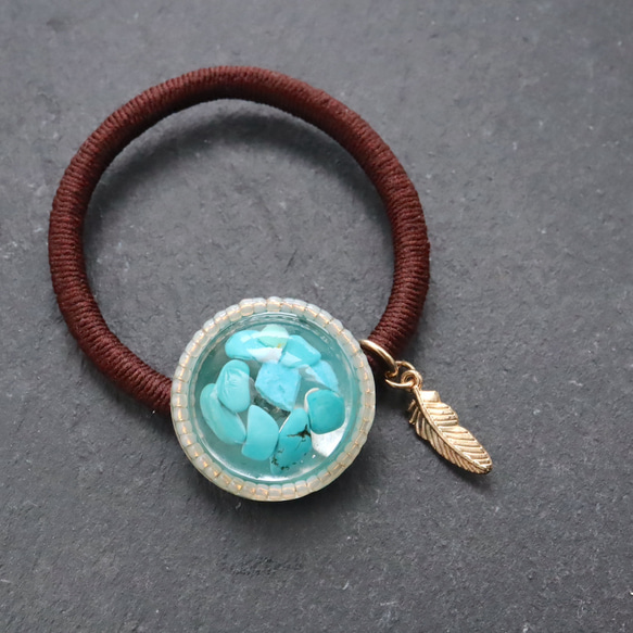 Turquoise Resin Inner Gold Beads [Stone Feeling] Hair Tie Brown 第3張的照片