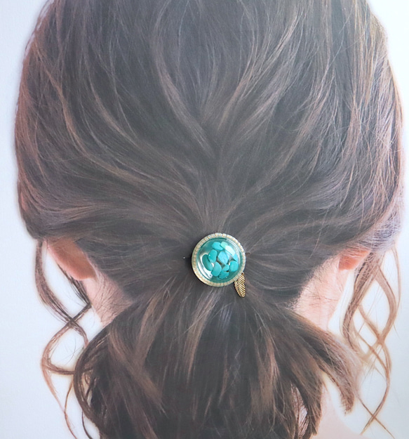 Turquoise Resin Inner Gold Beads [Stone Feeling] Hair Tie Brown 第2張的照片