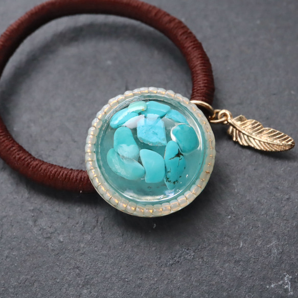 Turquoise Resin Inner Gold Beads [Stone Feeling] Hair Tie Brown 第4張的照片