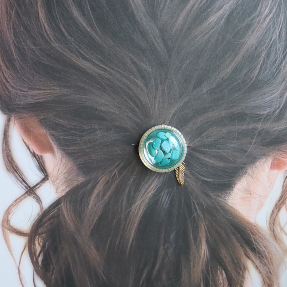 Turquoise Resin Inner Gold Beads [Stone Feeling] Hair Tie Brown 第5張的照片