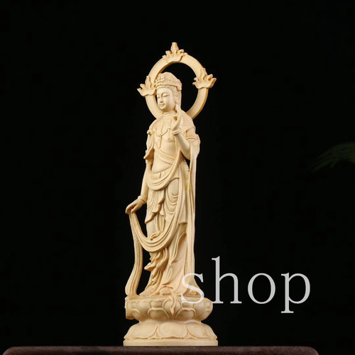 MD286【極上の木彫】観音さま/仏像/木彫/黄楊木/置物/工芸品/装飾品/鎮 