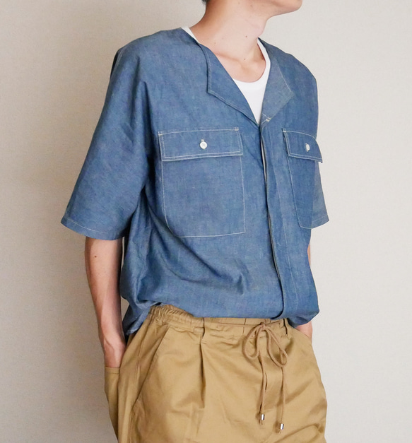 シャンブレー 比翼ノーカラーサファリシャツ 人気・おすすめ｜安定人気・収納便利におすすめ 丁寧対応 配送追跡可 国内発送・保証制度対応